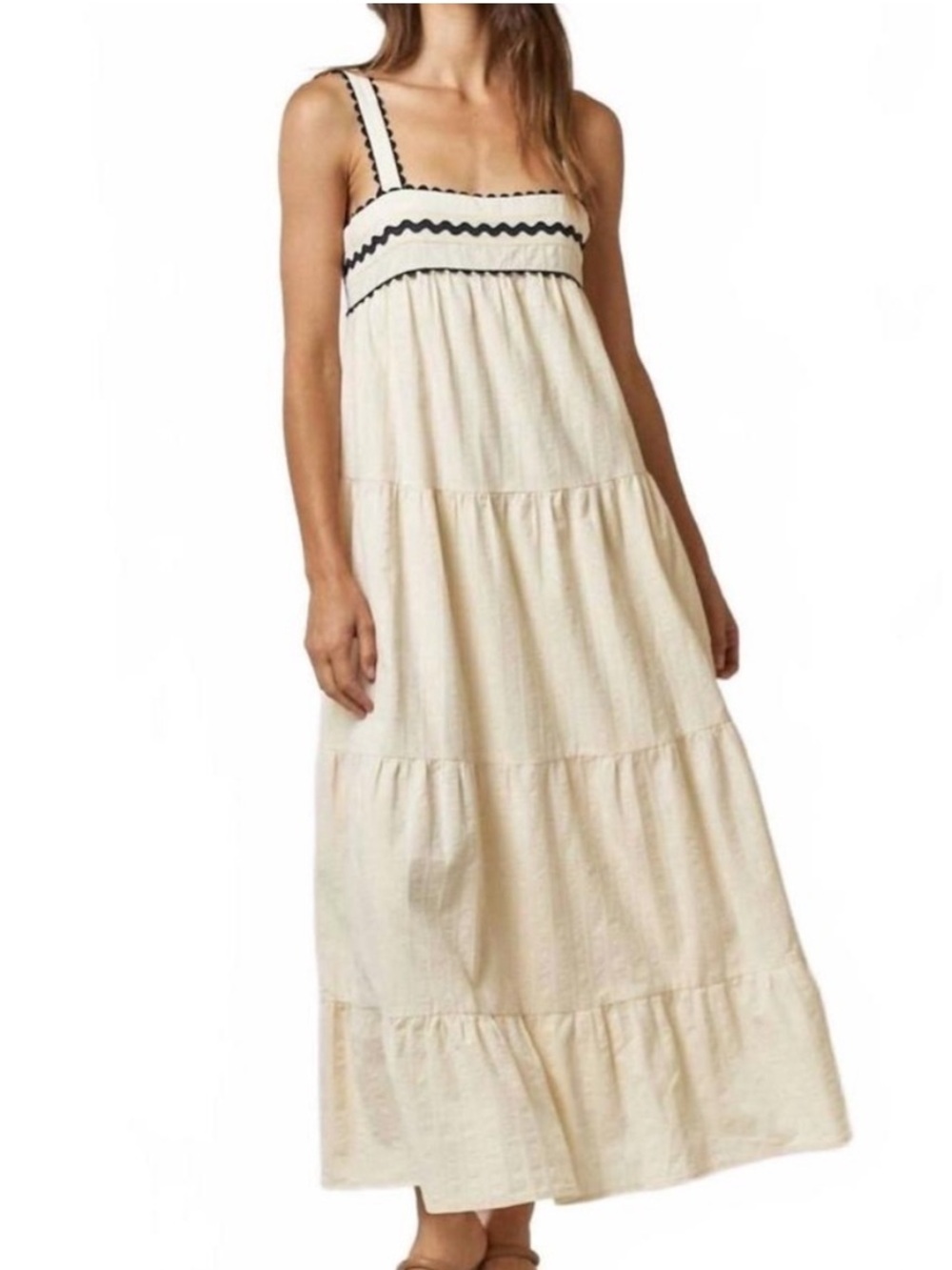 🌻NEW LALAVON Bohemian Cream Tiered Midi Maxi Dress Smocked Embroidered Size M